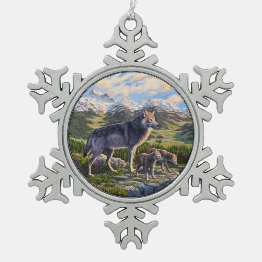 Mutter Wolf & Welpen Bergflusstal Schneeflocken Zinn-Ornament (Vorderseite)