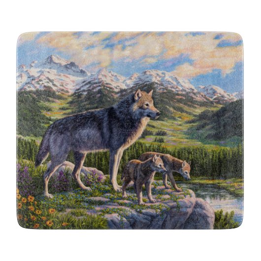 Mutter Wolf & Welpen Bergflusstal Schneidebrett (Vorderseite)
