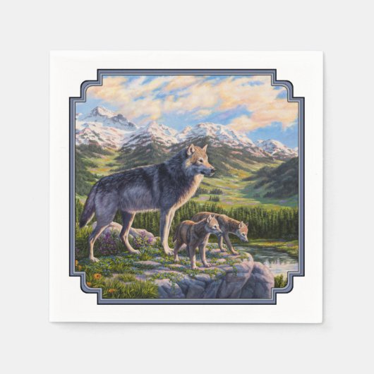 Mutter Wolf & Welpen Bergflusstal Serviette (Vorderseite)