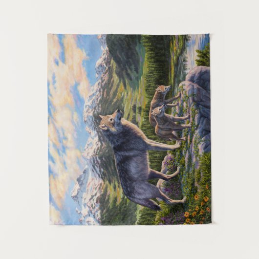 Mutter Wolf & Welpen Bergflusstal Wandteppich (Vorderseite)