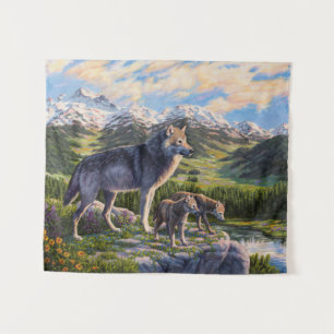 Mutter Wolf & Welpen Bergflusstal Wandteppich