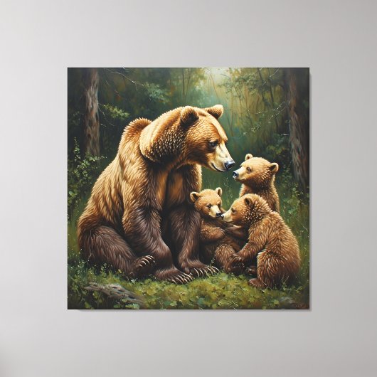 Mutterbär mit Kneipen in einer Waldlandschaft Leinwanddruck (Vorderseite)