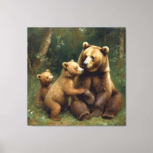 Mutterbär mit Kneipen in einer Waldlandschaft Leinwanddruck (Vorderseite)
