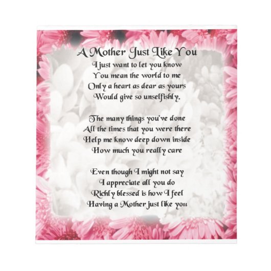 Muttergedicht - rosa Blumendesign Notizblock (Vorderseite)