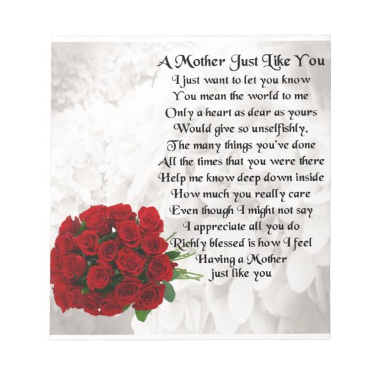 Muttergedicht - Rote Rosen Design Notizblock (Vorderseite)