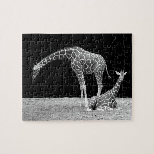Muttergiraffen und Babygiraffen, schwarz und weiß Puzzle (Horizontal)