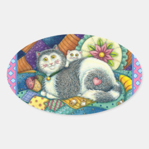MUTTERKATZE & KÄTZCHEN, PATCHWORK-QUILTS, NADELKIS OVALER AUFKLEBER