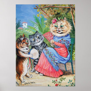 Mutterkatze mit Fächer und Kätzchen, Louis Wain Poster