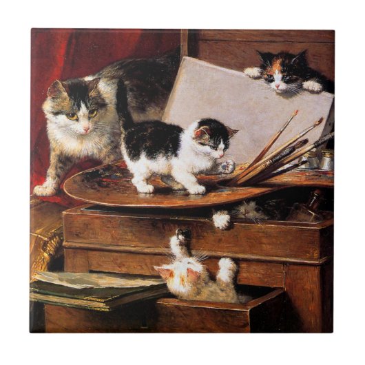 Mutterkatze und Kätzchen am Tisch Fliese (Vorderseite)