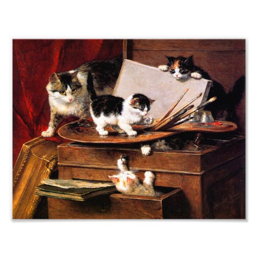 Mutterkatze und Kätzchen am Tisch Fotodruck (Vorne)