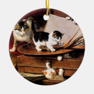Mutterkatze und Kätzchen am Tisch Keramik Ornament