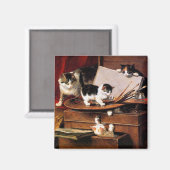Mutterkatze und Kätzchen am Tisch Magnet (Vorderseite/Rückseite)