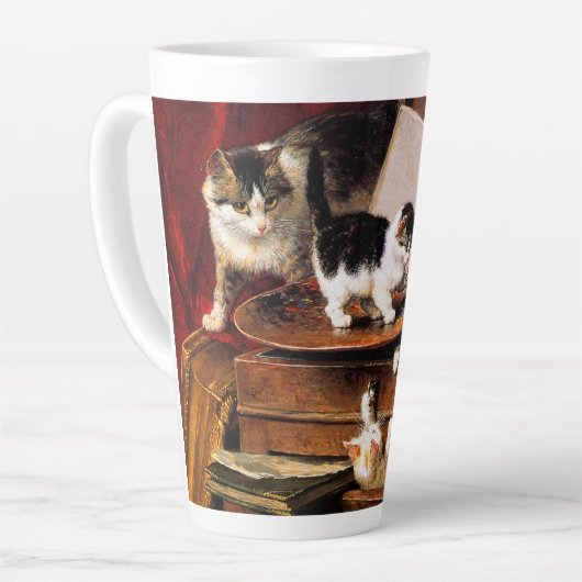 Mutterkatze und Kätzchen am Tisch Milchtasse (Linke Ecke)