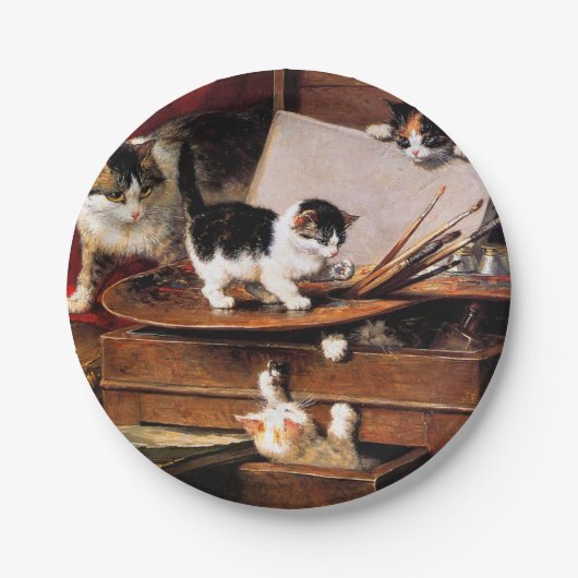 Mutterkatze und Kätzchen am Tisch Pappteller (Vorderseite)