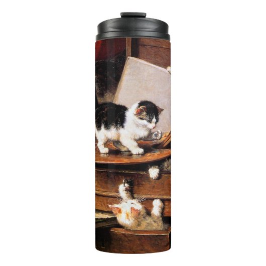 Mutterkatze und Kätzchen am Tisch Thermosbecher (Vorderseite)