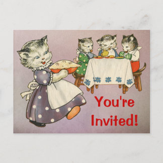 Mutterkatze und Kätzchen essen Kuchen - Party-Einl Einladungspostkarte