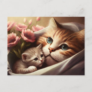 Mutterkatze und Kätzchen mit rosa Blüten Postkarte