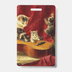 Mutterkatze und Kätzchen spielen mit Gitarre Ausweis