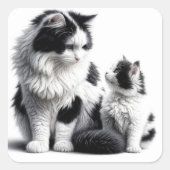 Mutterkatze und Kitten auf Weiß Quadratischer Aufkleber (Vorderseite)