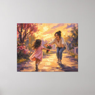Muttern Kind läuft mit Blumen Leinwand Kunst