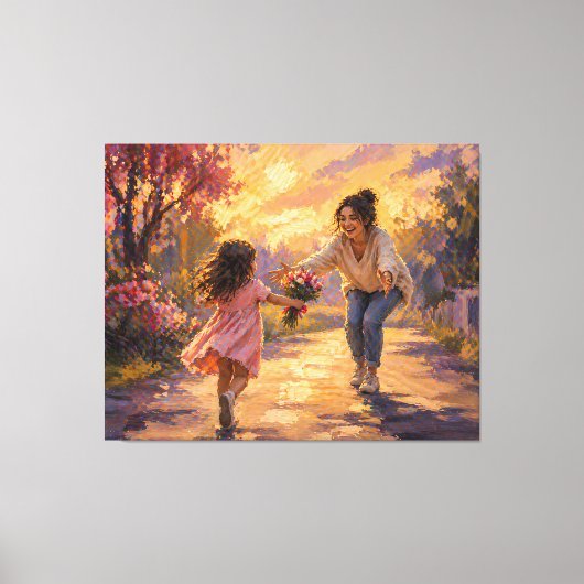 Muttern Kind läuft mit Blumen Leinwand Kunst (Vorderseite)