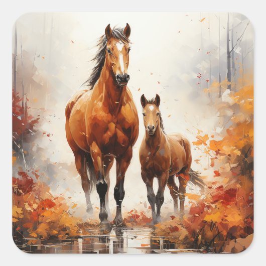 Mutterpferd und -fohlen im Herbst Quadratischer Aufkleber (Vorderseite)