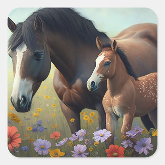 Mutterroh und Foal in einem Feld von Blume Quadratischer Aufkleber (Vorderseite)