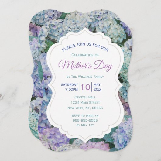 Muttertag Blumenblauer Hydrangea-Party Einladung (Vorne/Hinten)