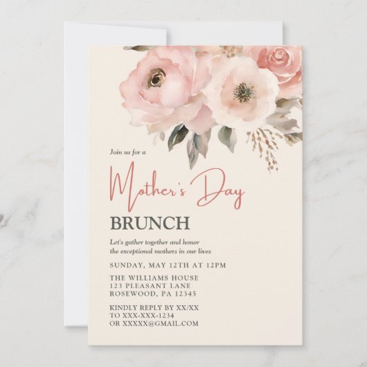 Muttertag Brunch Rosa Aquarellblume Einladung (Vorderseite)