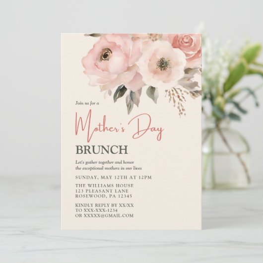 Muttertag Brunch Rosa Aquarellblume Einladung (Stehend Vorderseite)