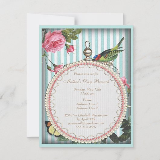 Muttertag Brunch Vintager Vogelkäfig & Rose Einladung (Rückseite)
