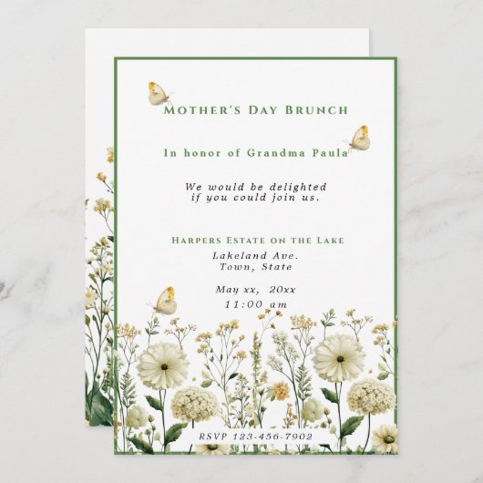 Muttertag Brunch Weißer Blume Schmetterlinge Einladung (Vorne/Hinten)