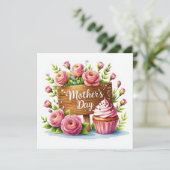 Muttertag-Cupcake und Rosen  Feiertagskarte (Stehend Vorderseite)