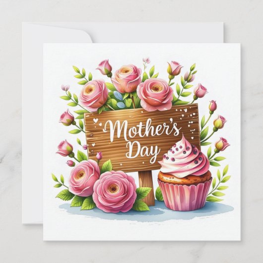 Muttertag-Cupcake und Rosen  Feiertagskarte (Vorderseite)