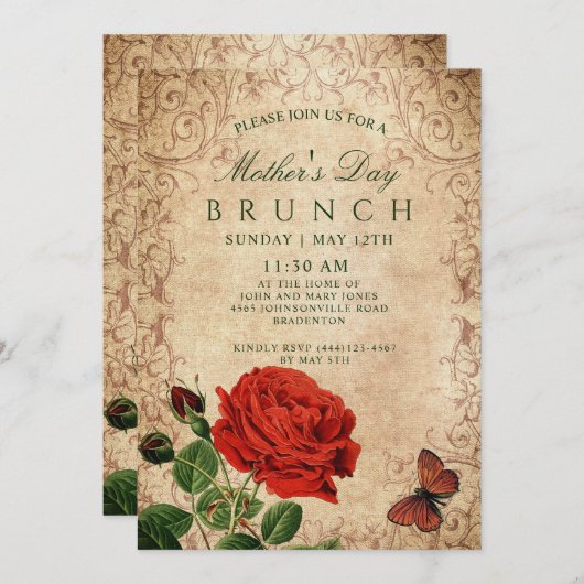 Muttertag der Vintagen Rose Einladung (Vorne/Hinten)