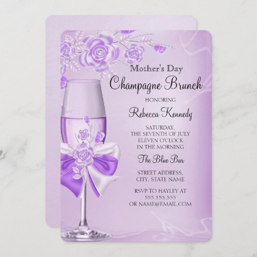 Muttertag Hübsch Lilac Rose Champagne Brunch Einladung (Vorne/Hinten)