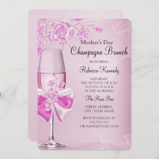 Muttertag Hübsch Rosa Champagner Brunch Einladung (Vorne/Hinten)