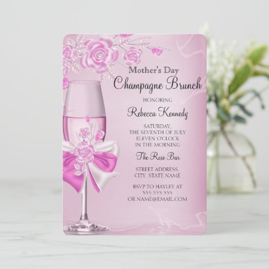 Muttertag Hübsch Rosa Champagner Brunch Einladung (Stehend Vorderseite)