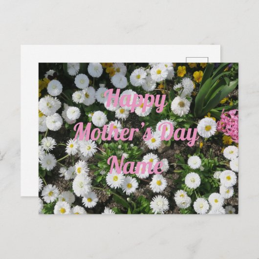muttertag, kleine weiße frühlingsblume rosa schrif postkarte (Vorne/Hinten)