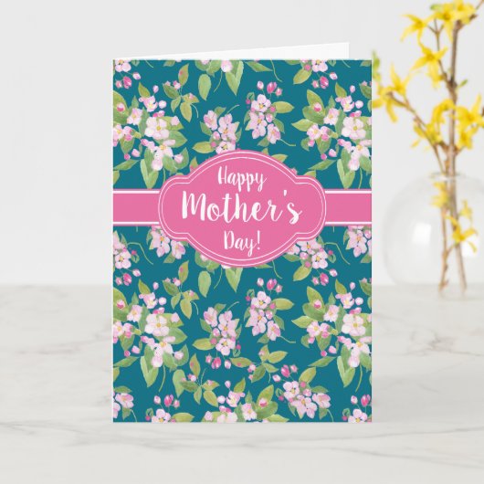 Muttertag rosa Apfelblüte auf dunkelblau Karte (Gelbe Blume)