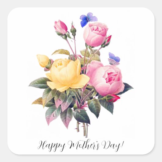 Muttertag Rosa Gelbe Rosen Lila Schmetterling Quadratischer Aufkleber (Vorderseite)
