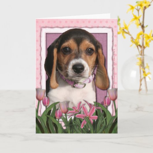 Muttertag - Rosa Tulips - Beagle Welpe Karte (Gelbe Blume)