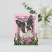 Muttertag - Rosa Tulips - Boston Terrier Postkarte (Stehend Vorderseite)