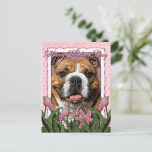 Muttertag - Rosa Tulips - Bulldog Postkarte (Stehend Vorderseite)