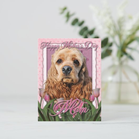 Muttertag - Rosa Tulips - Cocker Spaniel Postkarte (Stehend Vorderseite)