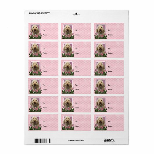 Muttertag - Rosa Tulips - Goldendoodle Adressaufkleber (Vorne)