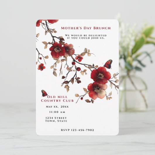 Muttertag Rote Blume Schmetterlinge Einladung (Stehend Vorderseite)