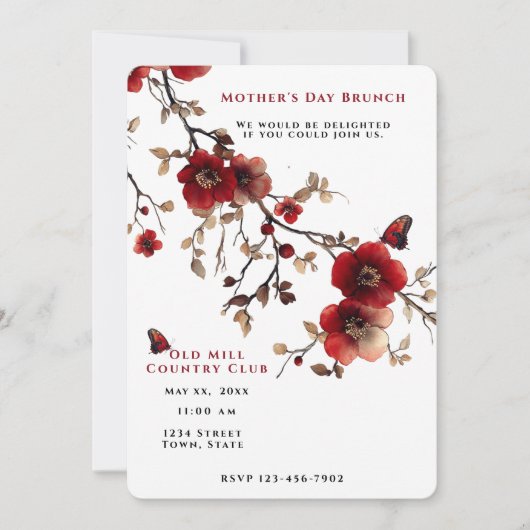 Muttertag Rote Blume Schmetterlinge Einladung (Vorderseite)