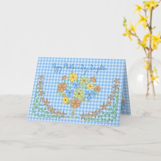 MUTTERTAG - TOCHTER - BLAUE GINGHAM/BLUME KARTE (Gelbe Blume)