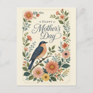 Muttertag Vintage Blaue Vogel Wildblumengarten Feiertagspostkarte